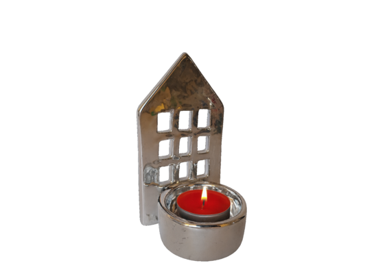 Domek z ceramiki na tealight 11,4 cm srebrny do postawienia