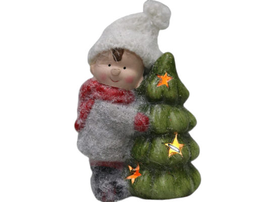 Ceramiczna figurka świecącej choinki z uśmiechniętym chłopcem na baterie 13,5 cm wielokolorowa