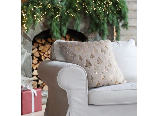 Poszewka dekoracyjna futerkowa świąteczne choinki 45 x 45 cm beżowo - złota