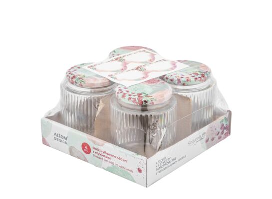 Komplet 4 słoików ryflowanych 450 ml z etykietami Spiżarnia Pani Domu