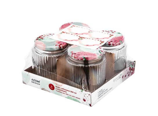 Komplet 4 słoików ryflowanych 350 ml z etykietami Spiżarnia Pani Domu