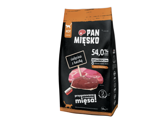 Karma sucha dla kota cielęcina z kaczką M 1,6 kg Pan Mięsko