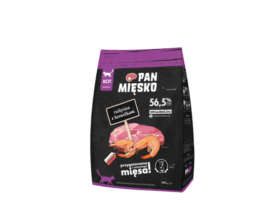 Karma sucha dla kota cielęcina z krewetkami S 400 g Pan Mięsko