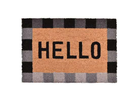 Wycieraczka kokosowa z nadrukiem Hello kwadraty 40 x 60 cm czarno-brązowo-szary