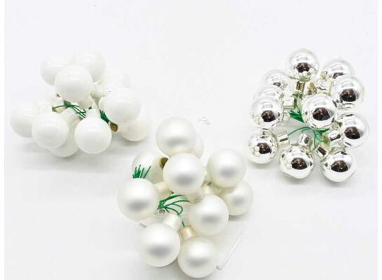 Bombki szklana na druciku 12 szt./wiązka biały/biały mat/srebrny śr. 2 cm