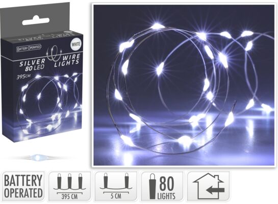 Mikroled na druciku srebrny 80 LED zimny biały 395 cm