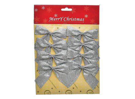 Kokardki materiałowe z brokatem 7 cm 8 sztuk srebrny