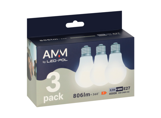 Żarówka LED amm 3 x E27 A60 8,5 W neutralny biały 3 sztuki