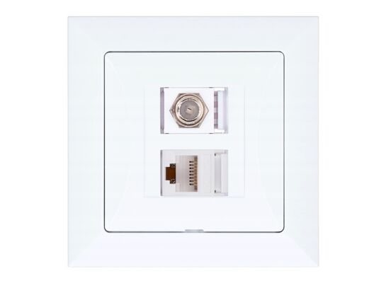 Gniazdo typu F wraz z komputerowym RJ-45 białe pola 3 x 8 x 8 cm