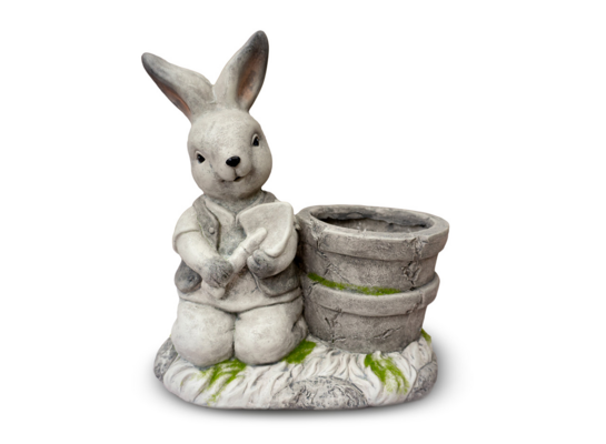 Figurka zając duży z donicą 35,5 x 20,5 x 36 cm szaro-zielona