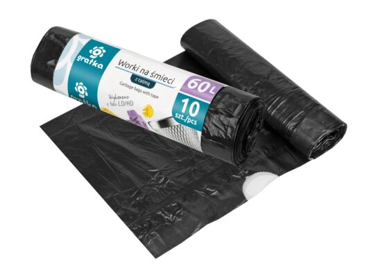 Worki na śmieci z taśmą 60 L 10 sztuk czarny GRATKA
