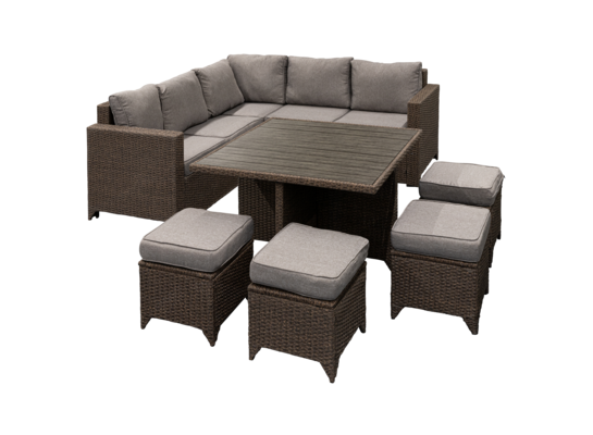 Duży zestaw mebli narożnikowy z pufami brąz