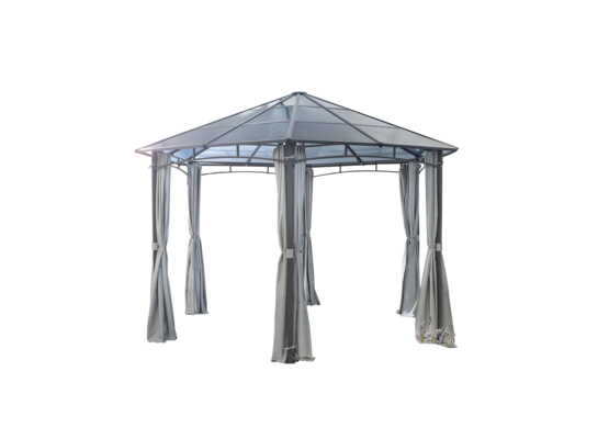 Pawilon sześciokątny z zasłonami i dachem poliwęglanowym 3,85 x 3,3 m szary