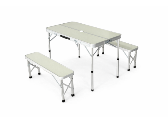 Zestaw składanych mebli kempingowych stół + 2 ławki beżowe