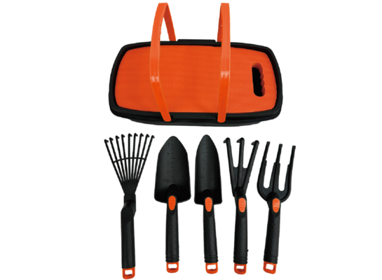Zestaw 7 narzędzi ogrodniczych z koszykiem i podnóżkiem