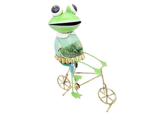 Figura metalowa żaba na rowerze 36 cm