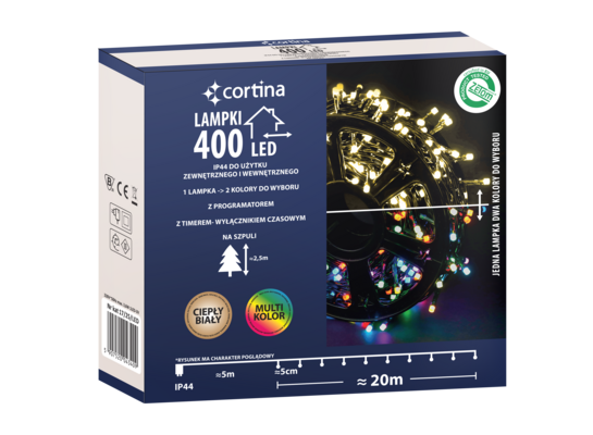 Lampki zewnętrzne 400 LED zewnętrzne ciepły biały i multikolor na transformator Cortina
