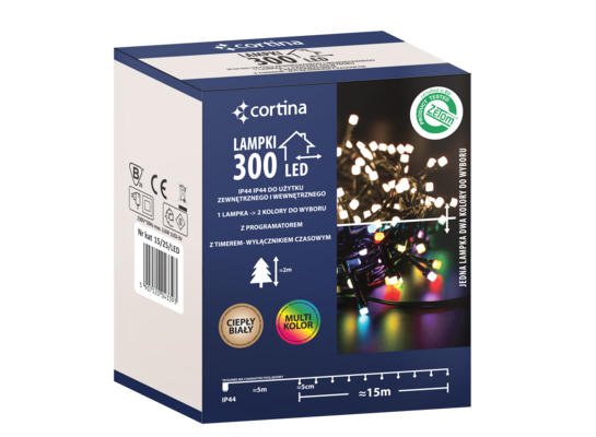 Lampki zewnętrzne 300 LED ciepły biały i multikolor na transformator Cortina