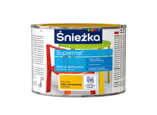 Farba emaliowa Supermal akrylowy RAL1023 Żółty Ostrzegawczy półpołysk 0,4 l Śnieżka