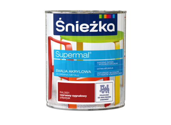 Farba emaliowa Supermal akrylowy RAL3001 Czerwony Sygnałowy półpołysk 0,8 l Śnieżka