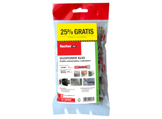 Kołek uniwersalny z wkrętem DUOPOWER 8x40 S Fischer 50 szt.