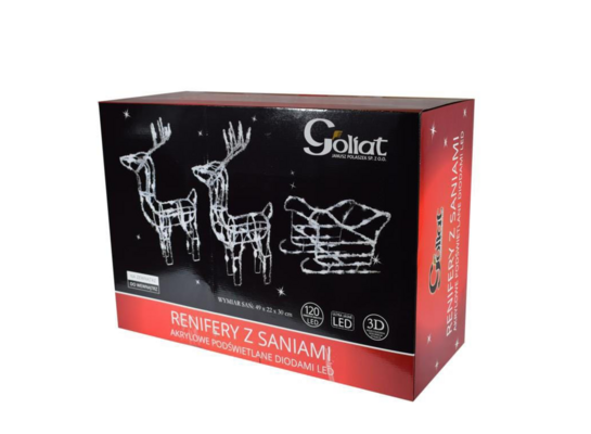 Renifery z saniami cukrowe białe zewnętrzne 120LED 49 x 22 x 30 cm