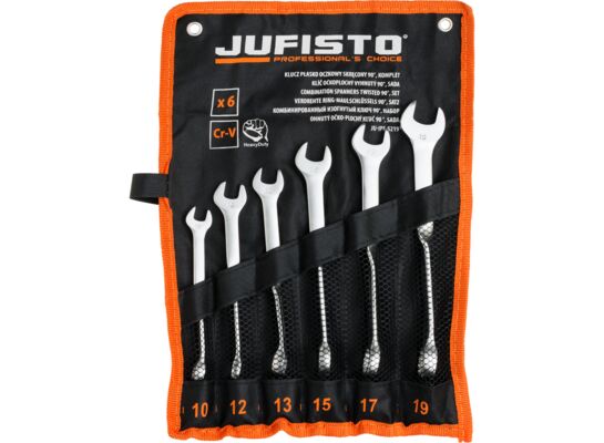Klucz płasko-oczkowy głęboko odsadzony skręconych 90° 10-19 mm zestaw 6 sztuk Jufisto