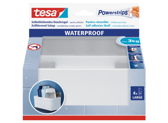 Koszyk samoprzylepny, POWERSTRIPS WATERPROOF, 1 sztuka, metal/biały, tesa