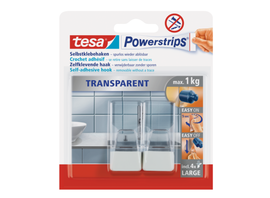 Haczyk POWERSTRIPS, przezroczysty, L biały, 2 sztuki, tesa