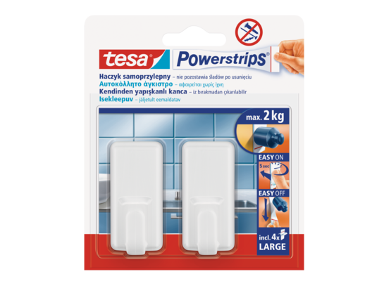 Haczyk samoprzylepny, POWERSTRIPS, 2 sztuki prostokątny, biały, tesa