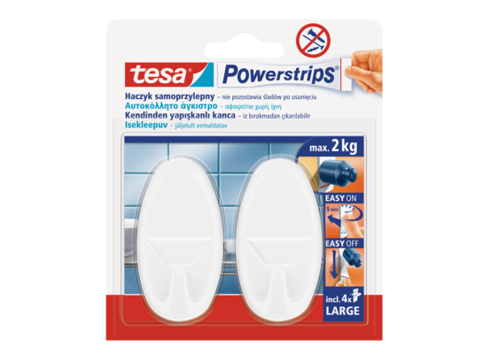 Haczyk samoprzylepny, POWERSTRIPS, 2 sztuki owalny, duży, biały, tesa