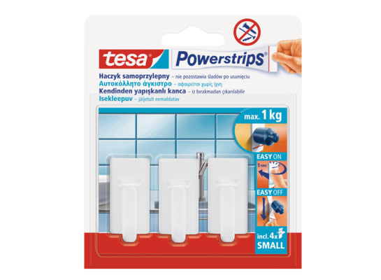Haczyk samoprzylepny, POWERSTRIPS, 3 sztuki, kwadratowy, biały, tesa