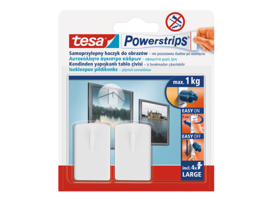 Haczyk samoprzylepny, POWERSTRIPS, 2 sztuki do obrazów, biały, tesa