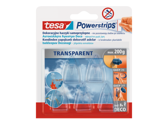 Haczyk samoprzylepny, POWERSTRIPS, DECO 5 sztuk przezroczysty, tesa