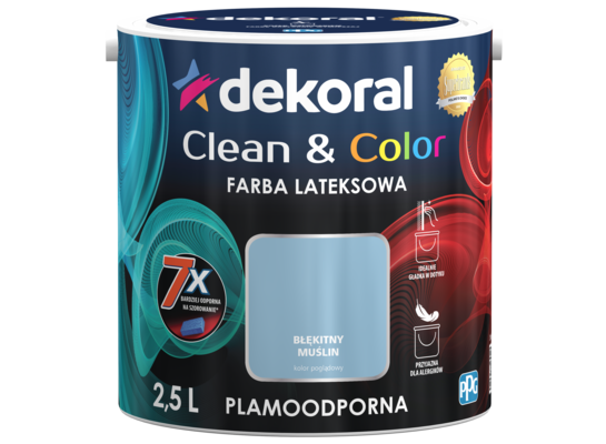 Farba lateksowa Clean&Color Błękitny Muślin 2,5 l Dekoral