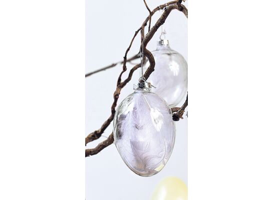 Zawieszka szklana jajko 9,6 cm białe pióro