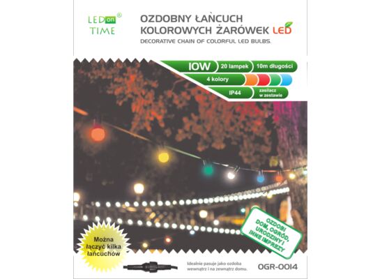 Ozdobny łańcuch ogrodowy kolorowy LED 10 m 20 żarówek LEDonTIME