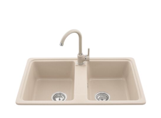 Zlewozmywak granitowy 2-komorowy LEMON z baterią piasek