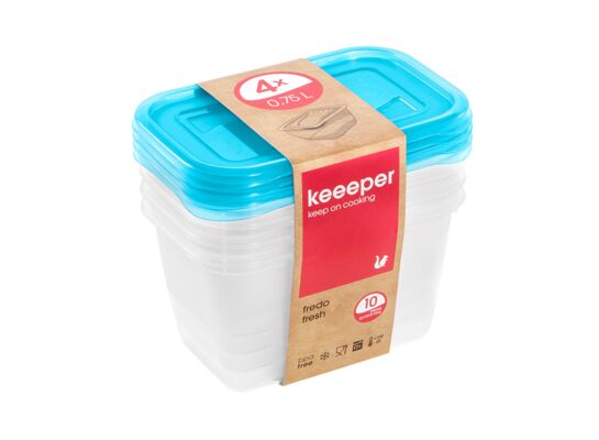 Zestaw 4 prostokątnych pojemników na żywność  0,75 l niebieski fredo "fresh" 15,5 x 10,5 x 8,5  cm keeeper