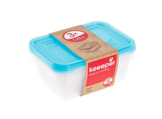 Zestaw 3 prostokątnych pojemników na żywność 1,25 l niebieski fredo "fresh" 20,5 x 15,5 x 6,5 cm keeeper