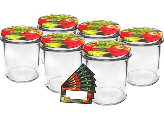 Słoik 346 ml z kolorową zakrętką i etykietą Ø82 6 sztuk