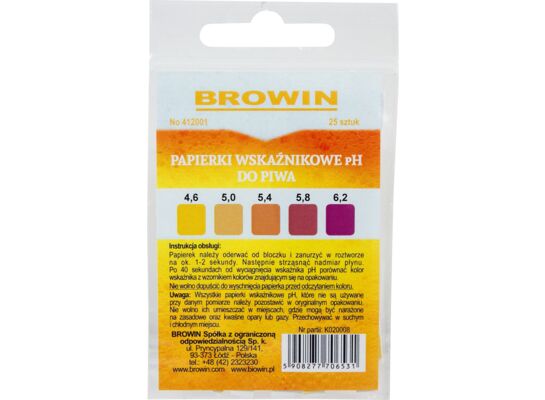Papierki wskaźnikowe do piwa pH 4,6 - 6,2 25 sztuk Browin