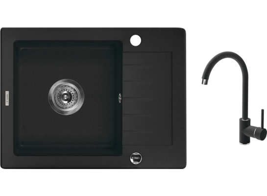 Zlewozmywak granitowy Zorba grafitowy 58 x 44 cm z baterią z wylewką Deante