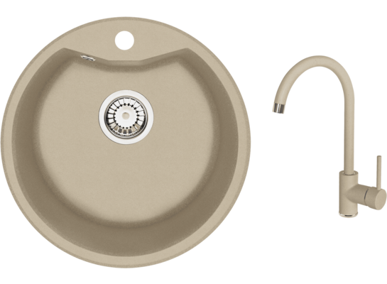 Zlewozmywak granitowy Solis piaskowy Ø48 cm z baterią Deante