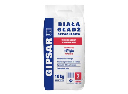 Gładź szpachlowa GIPSAR UNI-wzmocniony polimerami biała 10 kg Atlas