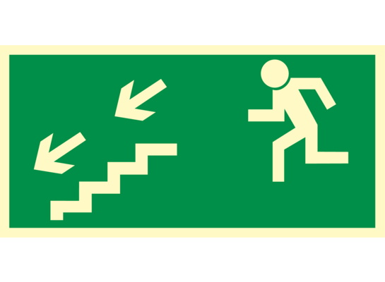 Oznaczenie "Kierunek do wyjścia drogi ewakuacyjnej schodami w dół w lewo" 15 x 30