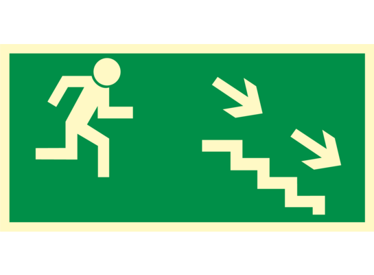 Oznaczenie "Kierunek do wyjścia drogi ewakuacyjnej schodami w dół w prawo" 15 x 30