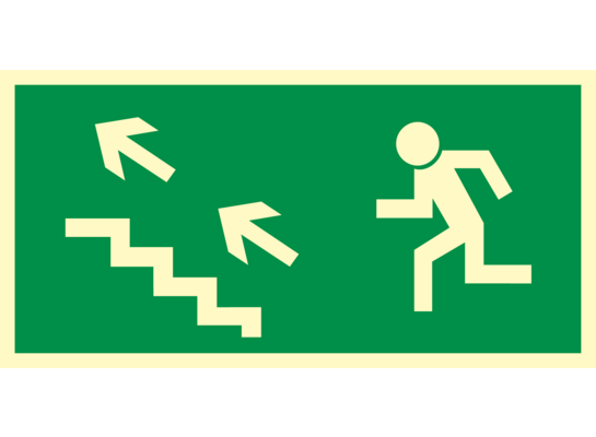 Oznaczenie "Kierunek do wyjścia drogi ewakuacyjnej schodami w gore w lewo" 15 x 30