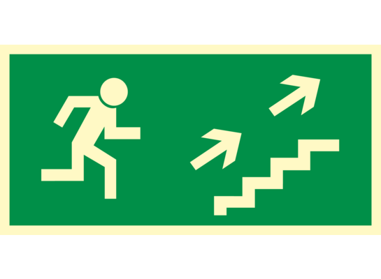 Oznaczenie "Kierunek do wyjścia drogi ewakuacyjnej schodami w gore w prawo" 15 x 30