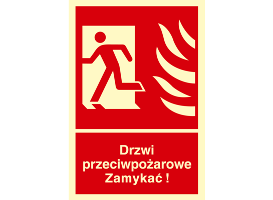 Oznaczenie "Drzwi przeciwpożarowe. Zamykać! Kierunek drogi ewakuacyjnej w lewo" 15 x 22,2